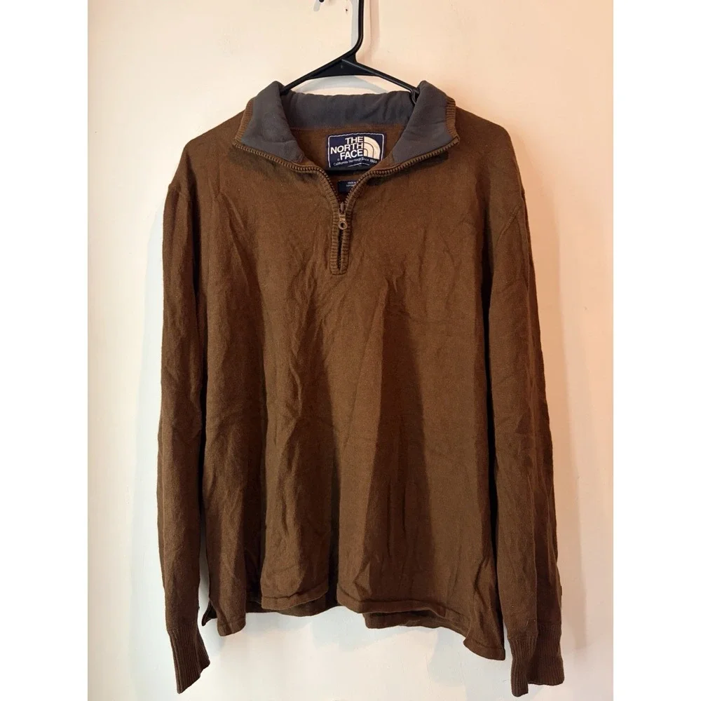 The North Face Mens L Wool Blend 1/4 Zip Pullover Sweater Mock Neck Brown Hiking